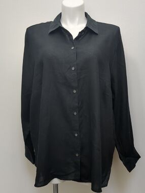 J. Jill Black Linen Button Front Blouse Long Sleeve Relaxed Fit Top